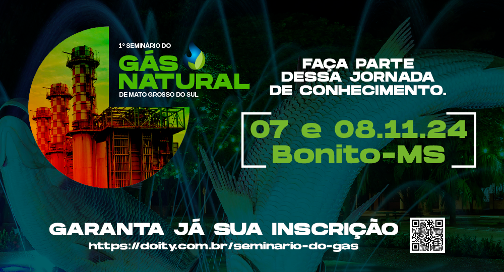 Banner do 1º Seminário de Gás Natural de Mato Grosso do Sul em Bonito, com especialistas e reguladores do setor