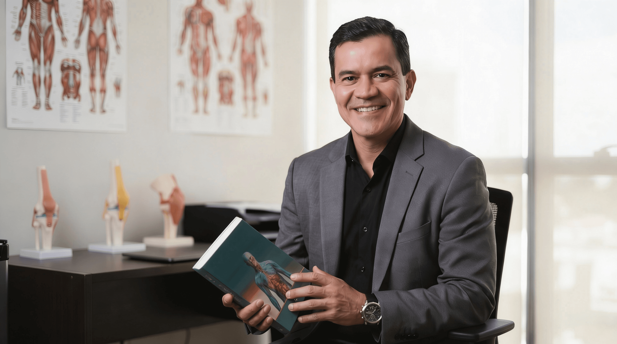 Ortopedista Maurício Naves em ambiente clínico com exemplar do livro Quebrando o Ciclo
