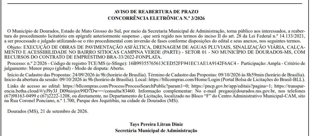 Dourados reabre licitação para asfalto e drenagem no Sitiocas Campina Verde