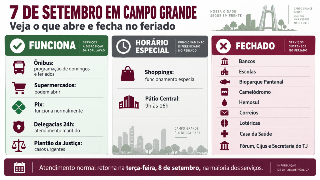 Campo Grande fecha bancos e escolas, supermercados abertos no feriado de 7 de Setembro