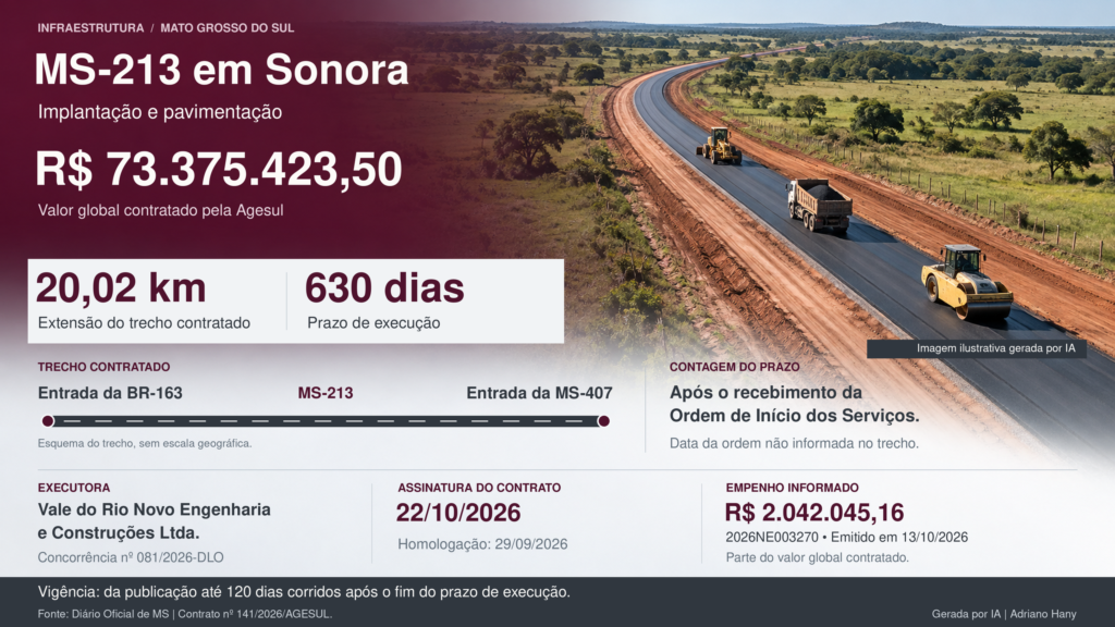 Estado de MS assina contrato de R$ 73,3 milhões para pavimentar 20 km da MS‑213 em Sonora