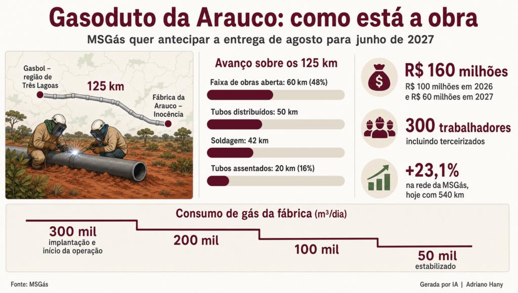 MSGás pretende concluir gasoduto da Arauco em junho de 2027, dois meses antes do previsto